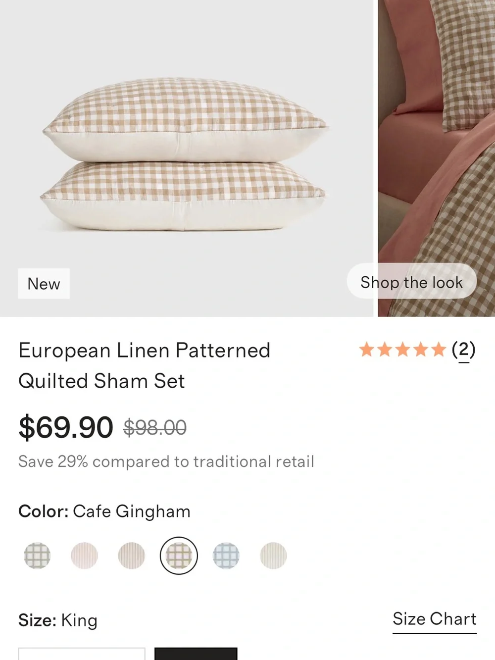 NWOT Cafe Gingham Dream Linen King Sham Set - Retail $70